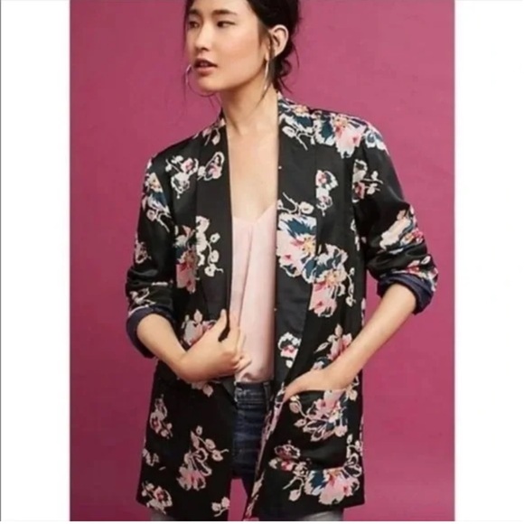 Anthropologie x ETT:TWA Size XSP Tavie Satin Open Front Floral Blazer - Picture 1 of 8